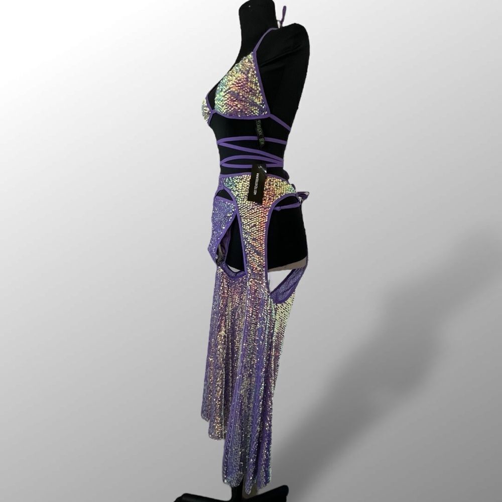 Club Exx x Dolls Kill sequin purple diva reef bikini with mega flare chaps XXL - Picture 5 of 12